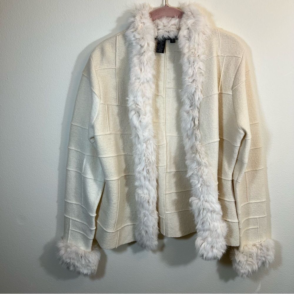 Lafayette 148 New York Cream Wool Rabbit Trim Cardigan‎ Sweater M Penny Lane